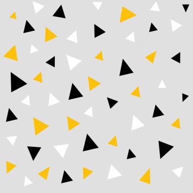 Açık gri arkaplanda, sarı, siyah ve beyaz üçgenlerin karışımıyla kusursuz geometrik üçgen deseni.