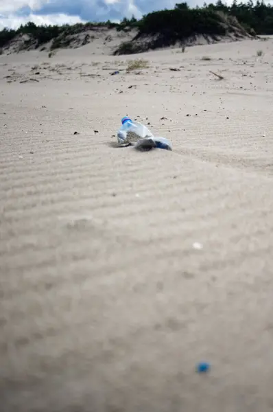 Plastik bir çöp tarafından kirletilmiş vahşi deniz manzarası. Kirliliğe karşı fotoproje