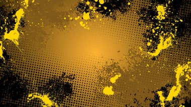 Kirli, kirli, lekeli sarı ve siyah grunge arka planda boya damlaları.