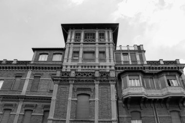 Historic Roman Villa building front exterior built with bricks in central Rome, Italy in black and white clipart