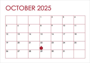 October month 2025 calendar. Simple design in red color with Pomegranate (Punica granatum) icon, a symbol for Rosh Hashanah Jewish holiday clipart