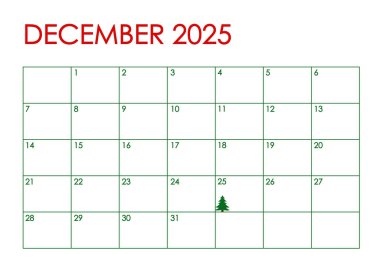 Aralık 2025 takvimi. Kırmızı ve yeşil Noel renklerinde basit bir tasarım ve 25 Aralık 'ı gösteren bir Noel ağacı.