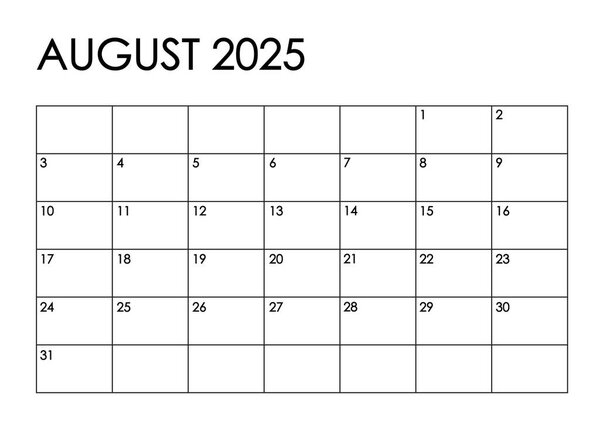 August 2025 month calendar. Simple black and white design