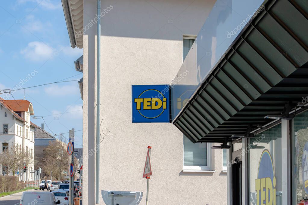 Stuttgart, Germany- March 28, 2025: TEDi, a German non- food retailer Mohringen neighborhood store location sign