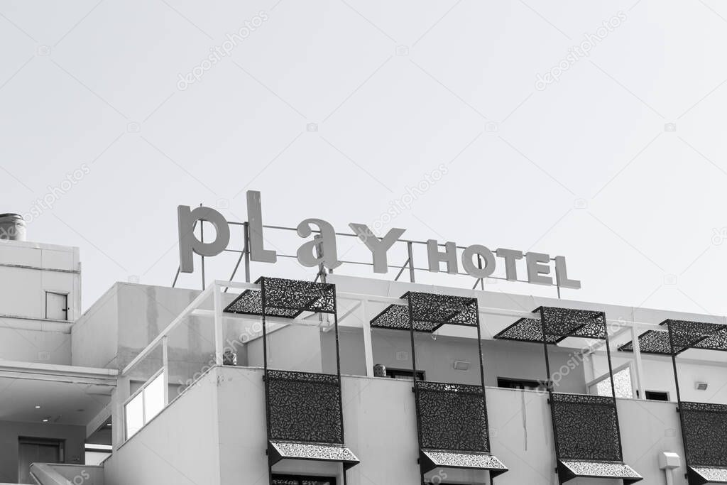 Eilat, Israel- November 1, 2024: PLAY Eilat Hotel (former Soleil Eilat) logo sign for boutique hotel in downtown Eilat in black and white