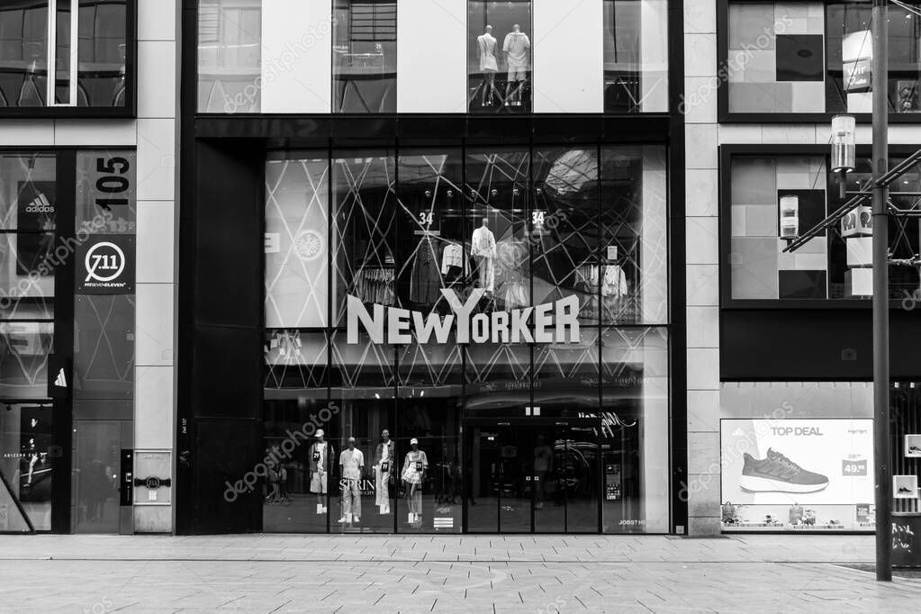 Frankfurt, Germany - April 18, 2025: Closed New Yorker fashion store across from MyZeil shopping mall in Frankfurt city center in black and white