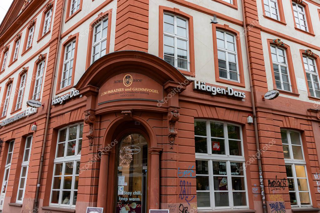 Frankfurt, Germany - April 18, 2025: Exterior of Hagen-Dazs ice cream parlor shop located in Frankfurts Old Town. A popular American ice cream brand