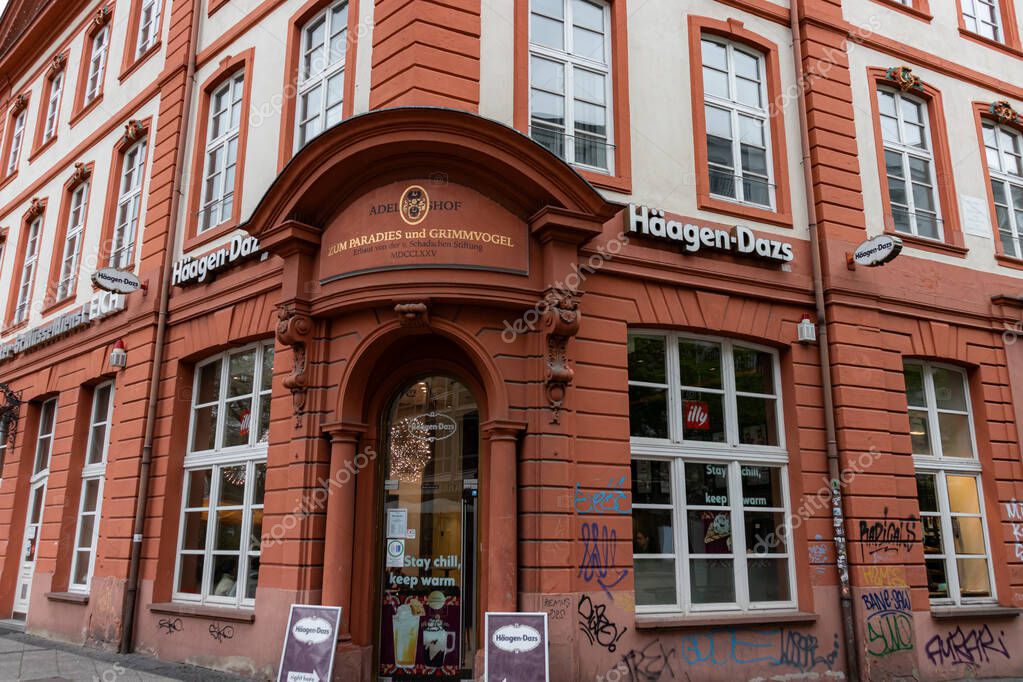 Frankfurt, Germany - April 18, 2025: Exterior of Hagen-Dazs ice cream parlor shop located in Frankfurts Old Town. A popular American ice cream brand