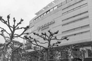Frankfurt, Almanya - 18 Nisan 2025: Frankfurt şehir merkezindeki büyük bir mağaza olan Hauptwache 'deki GALERIA' nın dış görünüşü, yapraksız uçak ağaçları tarafından kapkara ve beyaz gökyüzü altında çerçevelendi
