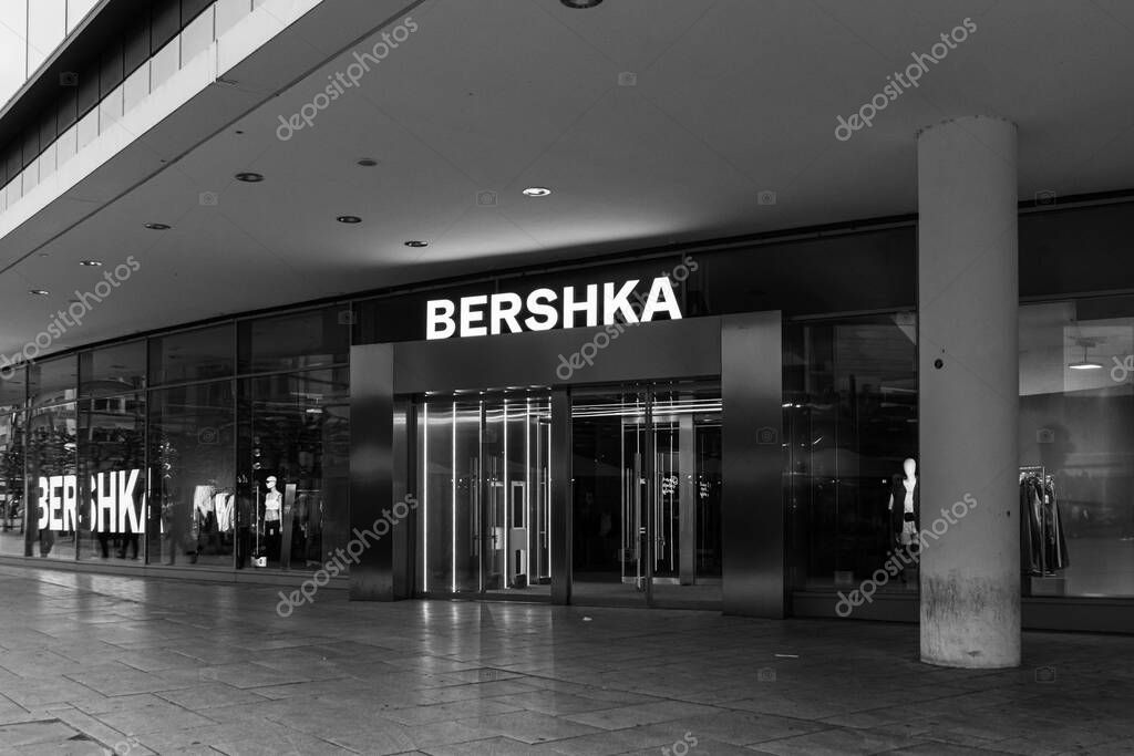 Frankfurt, Germany - April 18, 2025: Closed Bershka fashion store at MyZeil shopping mall in Frankfurt city center in black and white