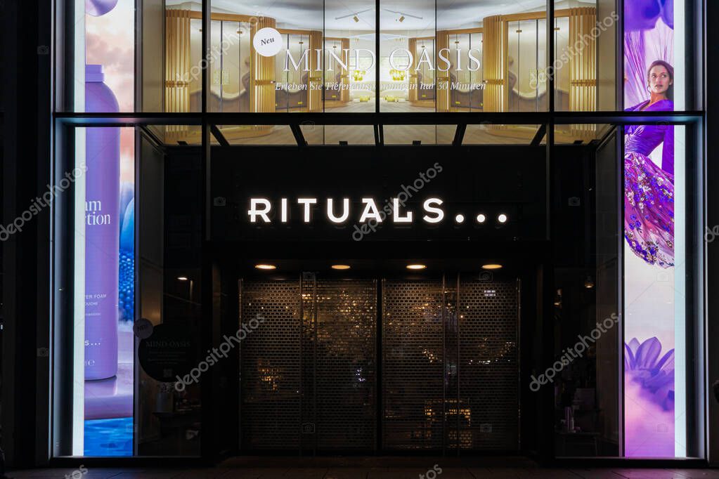 Frankfurt, Germany - April 18, 2025: Closed Rituals cosmetics store across MyZeil shopping mall in Frankfurt city center at night