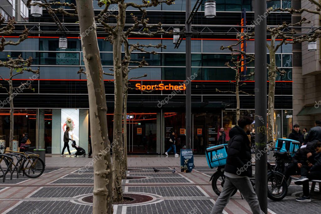 Frankfurt, Germany- April 18, 2025: Closed SportScheck sporting goods store across MyZeil shopping mall in Frankfurt city center