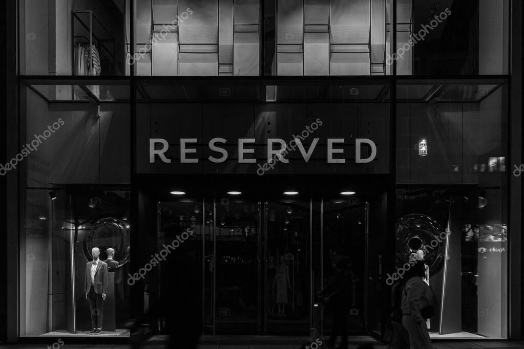 Frankfurt, Germany - April 18, 2025: Closed Reserved fashion store across from MyZeil shopping mall in Frankfurt city center in black and white