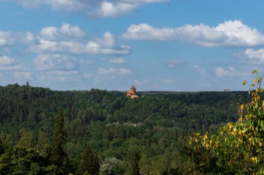 Sigulda, Letonya - 21 Temmuz 2025: Turaida Catle Müzesi Yeşillik Ağaçları arasındaki uzaklıktan rezerv manzarası