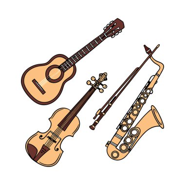 Vector Illustration of Musical Instruments: Guitar, Trumpet, and Drums clipart