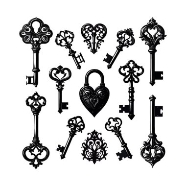 Süslü Vintage Anahtarlar Koleksiyonu ve bir Asma Kilit
