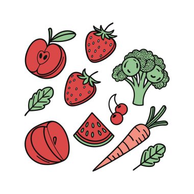 Colorful Hand-Drawn Illustration of Fresh Fruits and Vegetables clipart