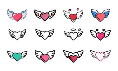 Değişik renklerde kanatlı şirin Uçan Kalp Simgeleri