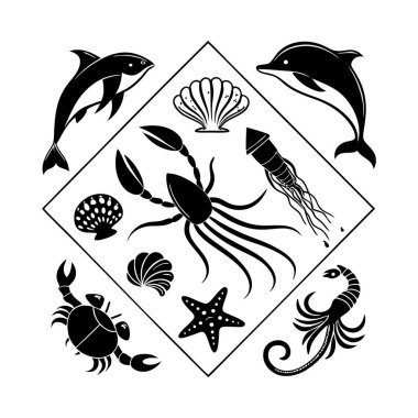 Çeşitli Su Hayvanları 'nın Siyah ve Beyaz Resimleri