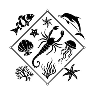 Okyanus Yaratıkları Elmas Çerçeveli Silüet Tasarımı