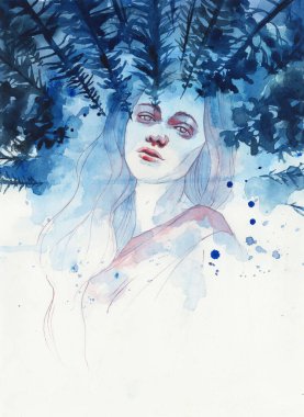 İç çatışması olan üzgün bir kadın, ormanın arka planında resim çiziyor. Ruh sağlığı, anksiyete, kayıp, doğa konseptinde kurtuluş sanat