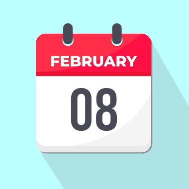 08 Şubat Günlük Takvim Simgesi 3d stili açık yeşil arkaplan ile kırmızı ve beyaz