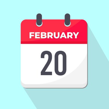 20 Şubat Günlük Takvim Simgesi 3d tarzı açık yeşil arka planı olan kırmızı ve beyaz