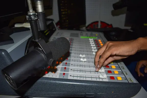 Erkek eli mikrofon kullanıyor.