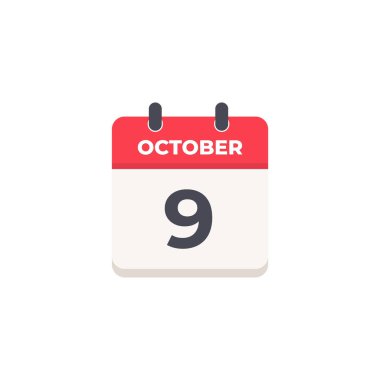 9 Ekim Günlük Takvim Simgesi düz tasarım tarzı kırmızı ve beyaz