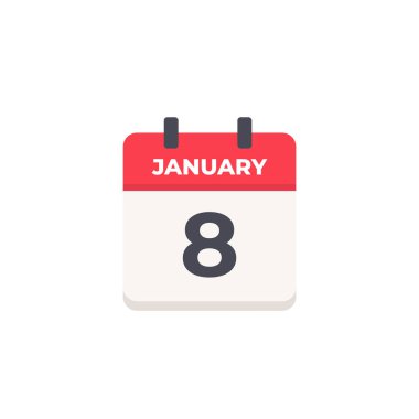 8 Ocak Günlük Takvim Simgesi düz tasarım tarzı kırmızı ve beyaz