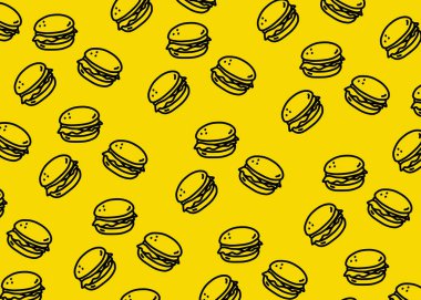 Sarı arka planı olan bir hamburger çizimi, yemek paketi, menü çizimi el yazısı reklamları, yemek işi, restoran...