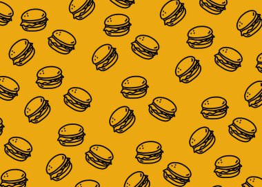 Turuncu arka planı olan bir hamburger çizimi, yiyecek ambalajı, menü çizimi el yazısı ilanları, yemek işi, restoran...