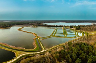 Su ürünleri: Yukarıdan, İHA 'dan, Polonya' dan balık çiftliği