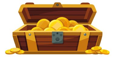 Pirate Treasure Chest with Gold Coins: Mücevher ve Servet Çizimleriyle Dolu Açık Ahşap Sandık