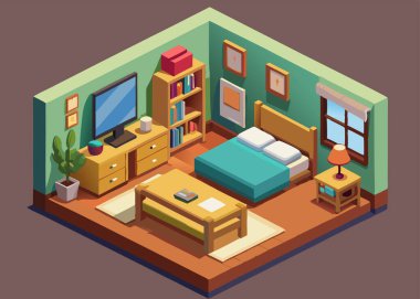 3D iç dizayn yatak odası, daire, ev, otel odası, yurt. Oturma odası mobilya planı. Yatak, pencere, çekmeceler, perdeler ve halı dolu rahat bir oda. Vektör çizilmiş izometrik illüstrasyon