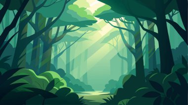 Green Forest Background with lots of Tress, Plants and Sun Rays Touching the Plants and Trees. clipart