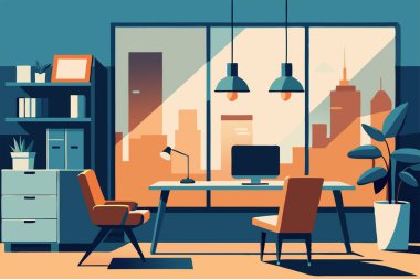 Ofis işyeri. Mobilya ve ekipmanlı modern ofis. Çeşitli ofis ögeleri.