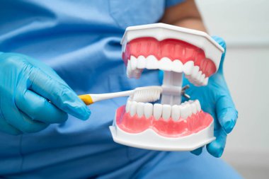 Diş fırçasıyla dişleri temizleyen doktor hasta ve dişçiye diş hekimliği dersi veriyor..