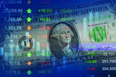 ABD doları banknotu ile borsa finans sektörü, ekonomi eğilimi dijital teknoloji.