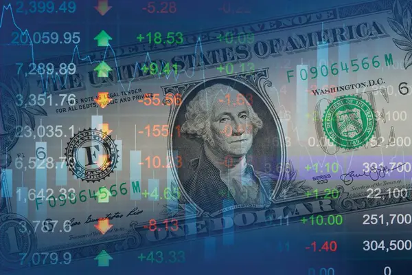 ABD doları banknotu ile borsa finans sektörü, ekonomi eğilimi dijital teknoloji.