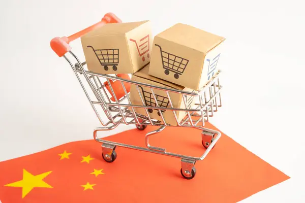 Çevrimiçi alışveriş, Çin bayrağında alışveriş arabası kutusu, ithalat ihracat, finans ticareti.