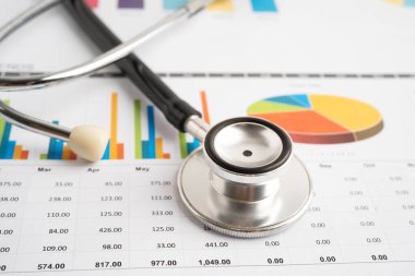 Çizelge kağıdı, mali, hesap, istatistik ve iş verileri üzerinde steteskop.