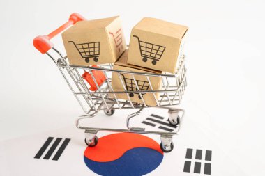 Çevrimiçi alışveriş, Güney Kore bayrağında alışveriş arabası kutusu, ithalat ihracat, finans ticareti.