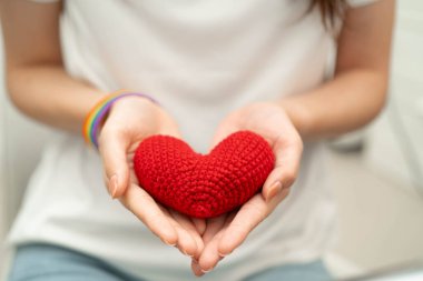 Asyalı LGBT kadını elinde kalp gökkuşağı bayrağı tutuyor.