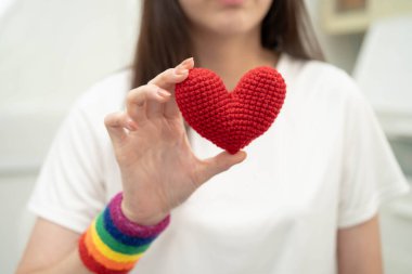 Asyalı LGBT kadını elinde kalp gökkuşağı bayrağı tutuyor.