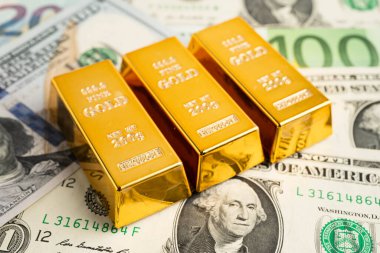 ABD doları ve Euro banknotu parasıyla altın külçeleri, finans sektörü yatırım para birimi.