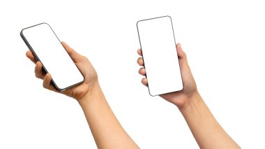 Beyaz arka planda boş ekran ile akıllı telefonu elinde tutan Asyalı kadın.