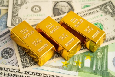 ABD doları ve Euro banknotu parasıyla altın külçeleri, finans sektörü yatırım para birimi.