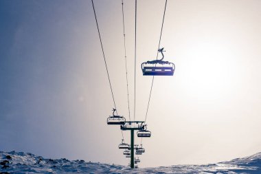 Kayak pistinin tepesinde boş kayak asansörleri. Dağlar ve arka planda kar, güneşli arka plan.