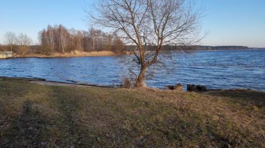 Jugla Gölü 'nde güzel bir bahar günü. Mavi suyu olan güzel bir göl ve bulutsuz mavi bir gökyüzü..